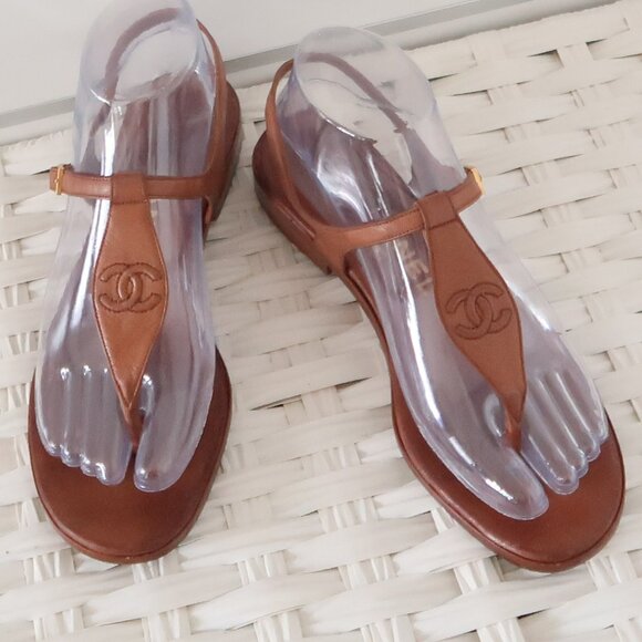 Chanel Brown Leather T-Strap Sandals Rare Minimalist Designer Summer Flats Shoes